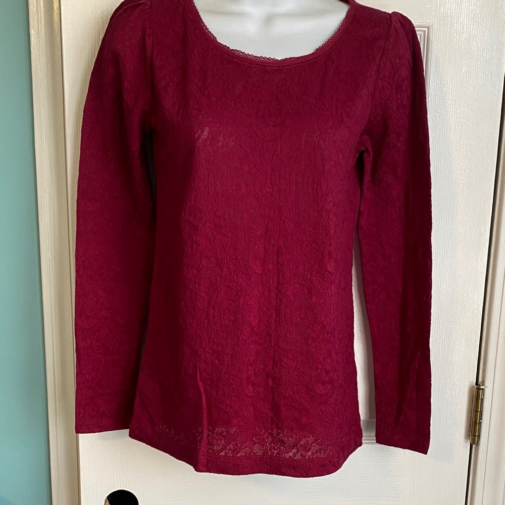 LOFT Burgandy Long Sleeve Lace Top XS